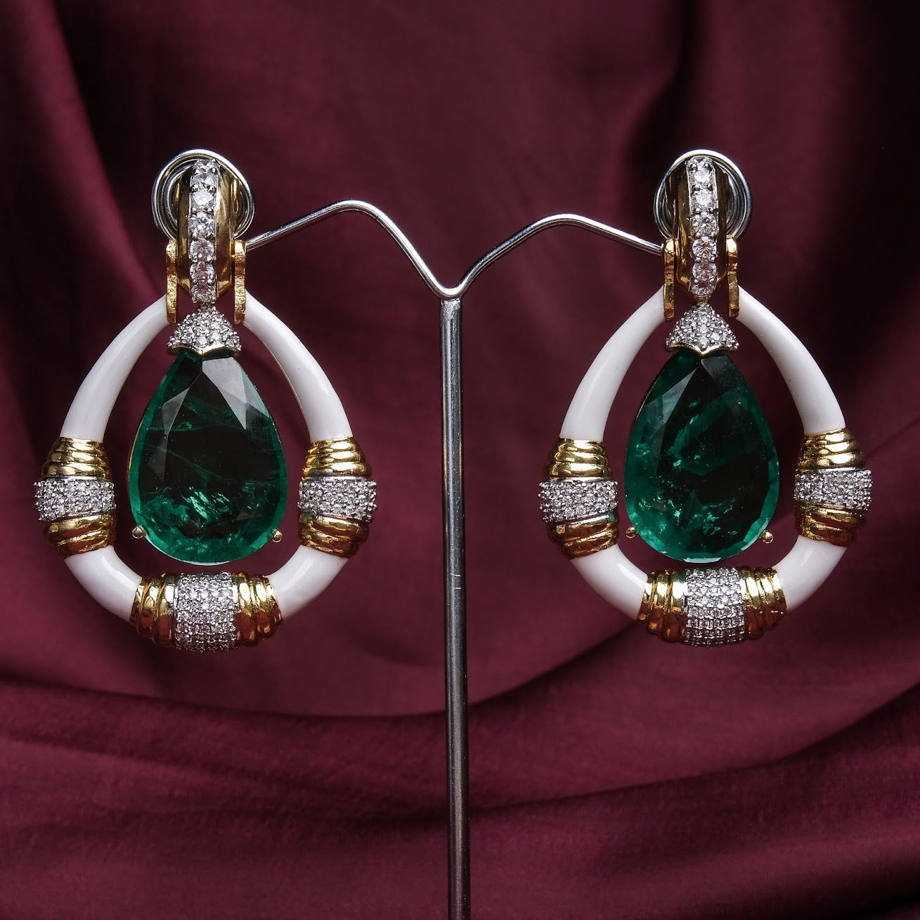 Gold Finish Enamel Earrings with Green Doublet Center Stone
