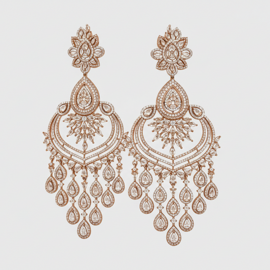 Zircon Chandelier Earrings in Rose Gold Finish