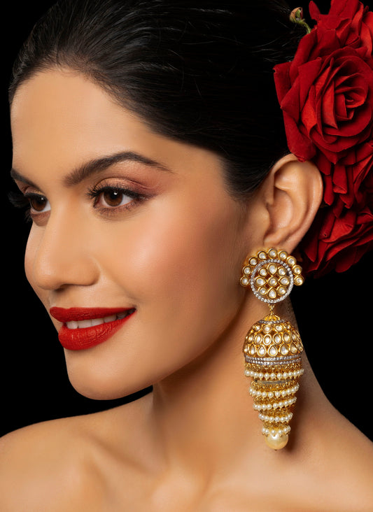 Layered Long Chandelier Pearl and Kundan Jhumkas