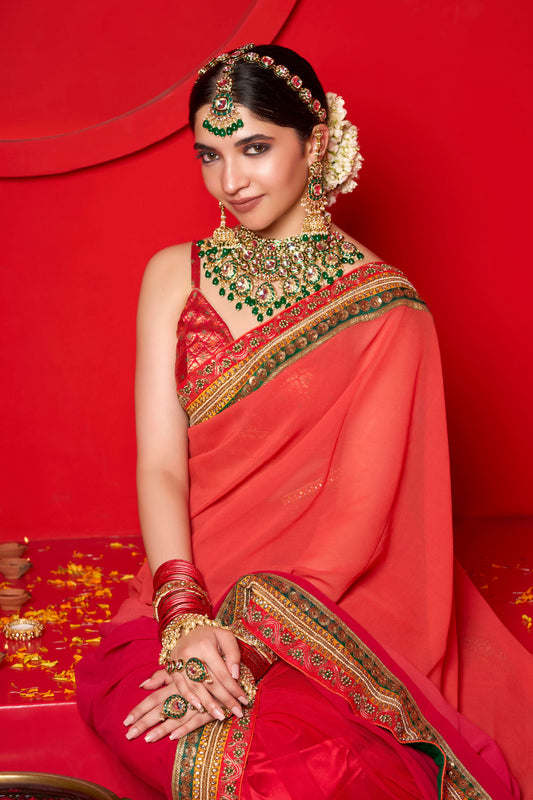 Emerald Green Utsav Kundan Necklace Set, Mathapatti, Nose Ring and Hand Harness