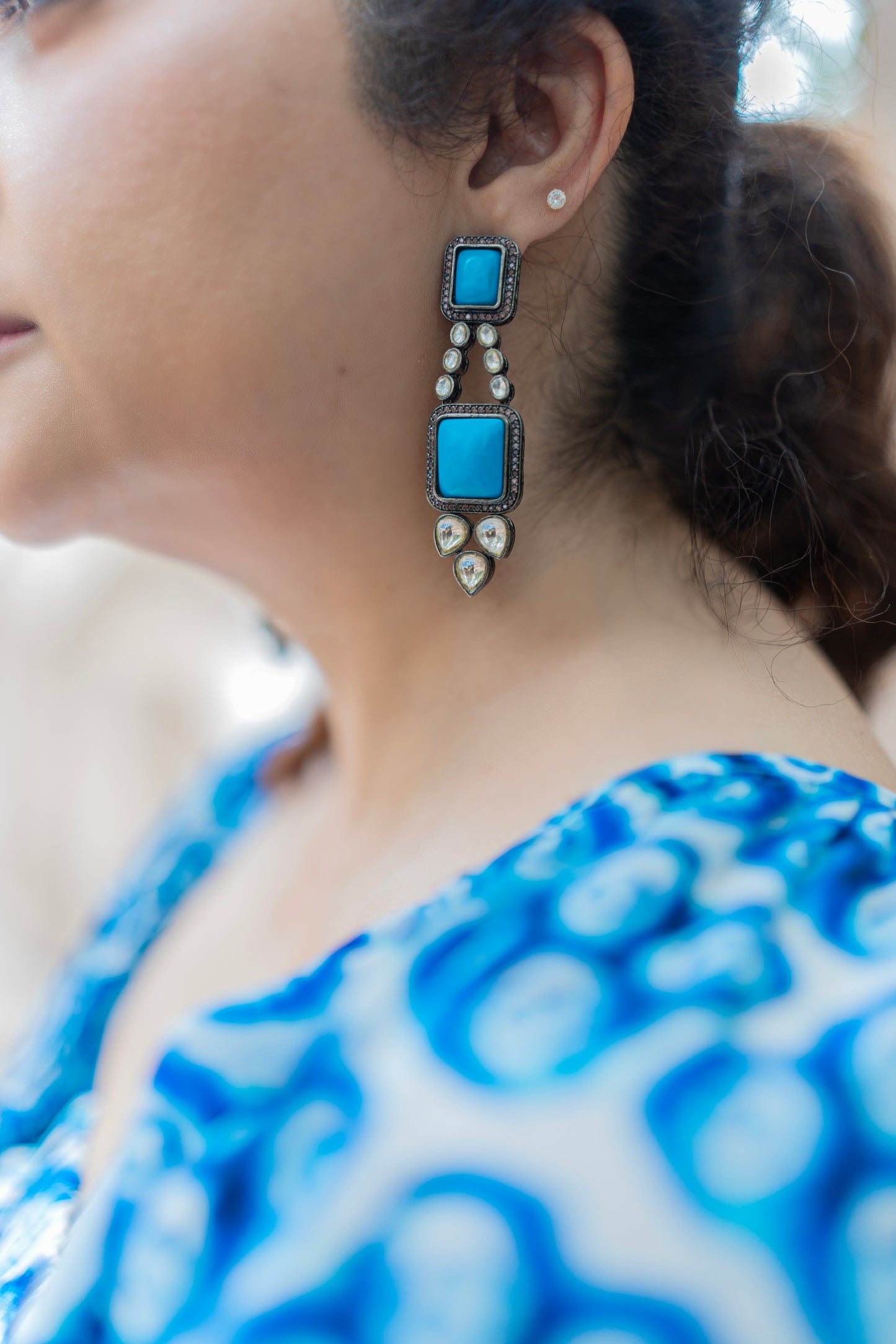 Turquoise Studded Kundan Accent Earrings