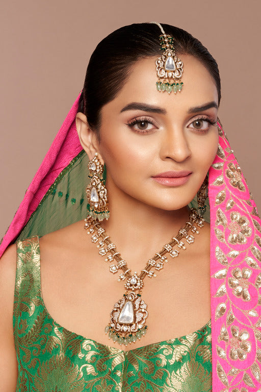 Long Kundan Polki Necklace Set with Fresh Green Beads