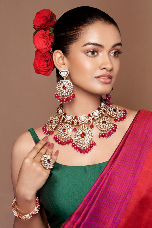 Ethnic Kundan Bridal Necklace Set with Red Beads