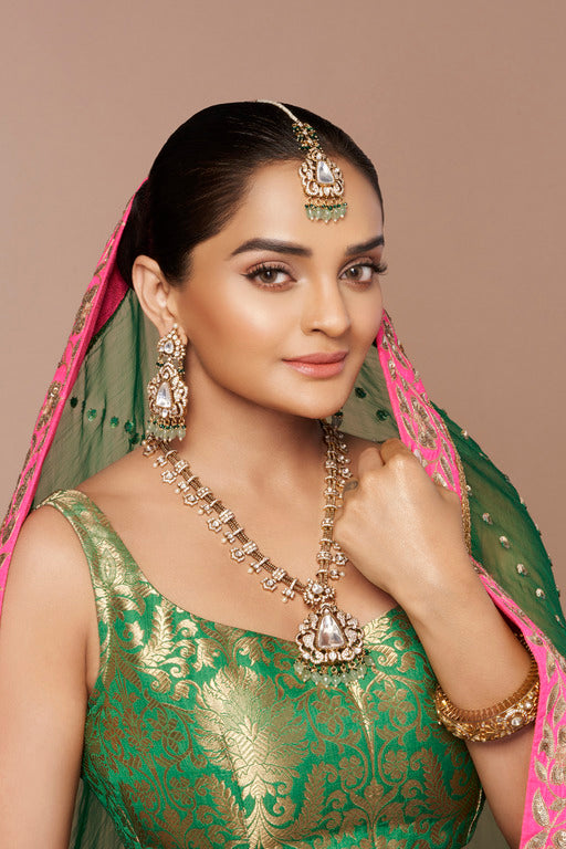 Long Kundan Polki Necklace Set with Fresh Green Beads