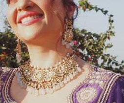 Gold Finish Kundan Necklace Set with Blush Pink Drops