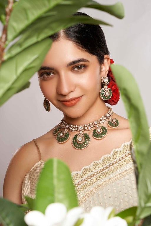 Gold Finish Utsav Necklace Set with Green and White Stone and Miligrain Details
