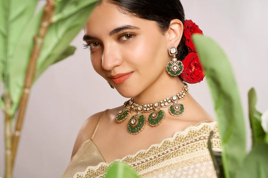 Gold Finish Utsav Necklace Set with Green and White Stone and Miligrain Details