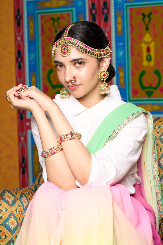 Gold Finish Enamelled Kundan Bangle Set of Two