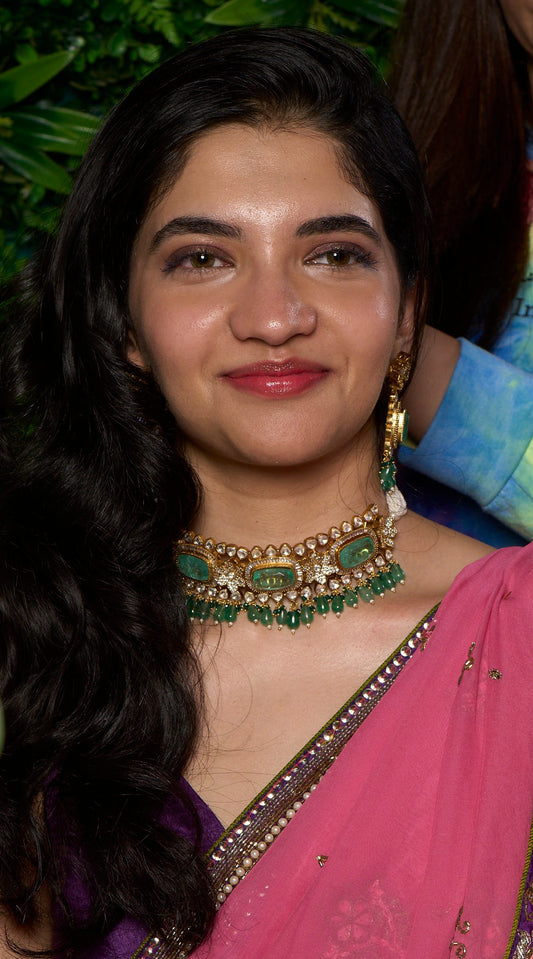 Gold Finish Jade Green Stone Utsav Kundan Choker Set with Pearl String