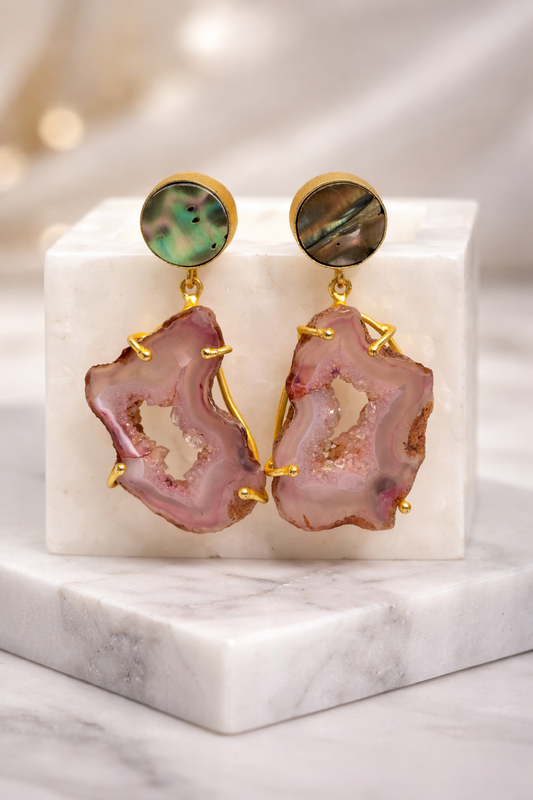 Faux Pink Quartz and Abalone Shell Drop Earrings