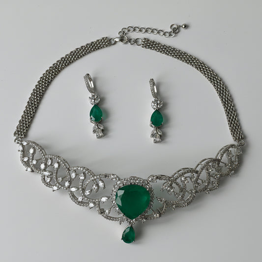Zircon Choker Set With Green Centre Motif and Chain ClosureStudio6Jewels