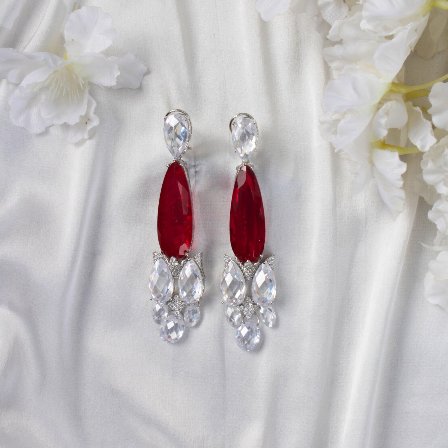 White Finish Marquise Cut Doublet Crystal and Zircon Earrings