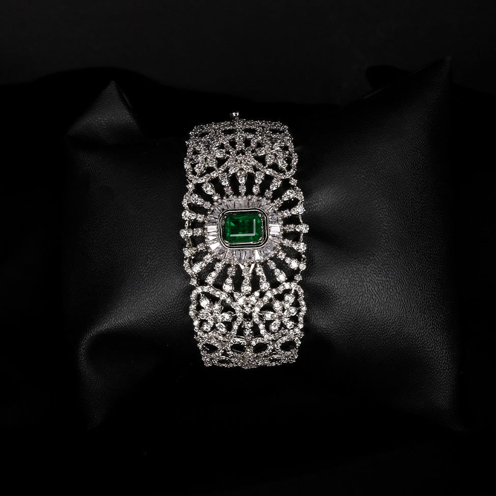 Openable Broad Bracelet With Zircon and Central Synthetic EmeraldStudio6Jewels