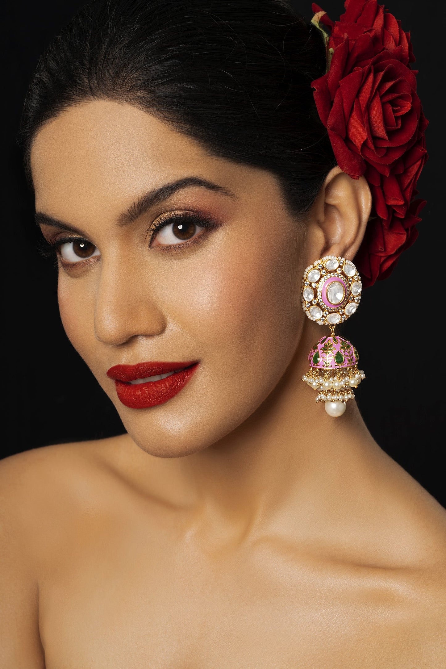 Pink Meenakaari Kundan JhumkasStudio6Jewels