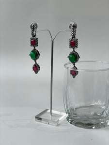 Antique Finish Red and Green Stone Earrings