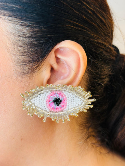 Beaded Evil Eye Bohemian Earrings with Tassel Lashes