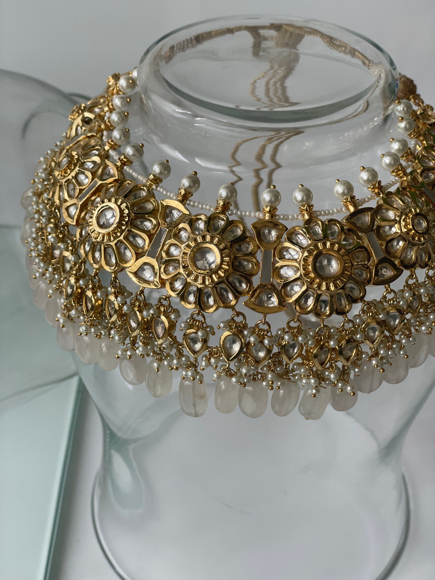 Gold Finish Kundan Necklace Set with Blush Pink Drops