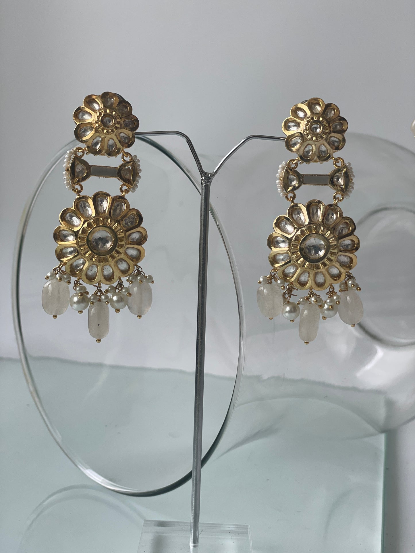 Gold Finish Kundan Necklace Set with Blush Pink Drops