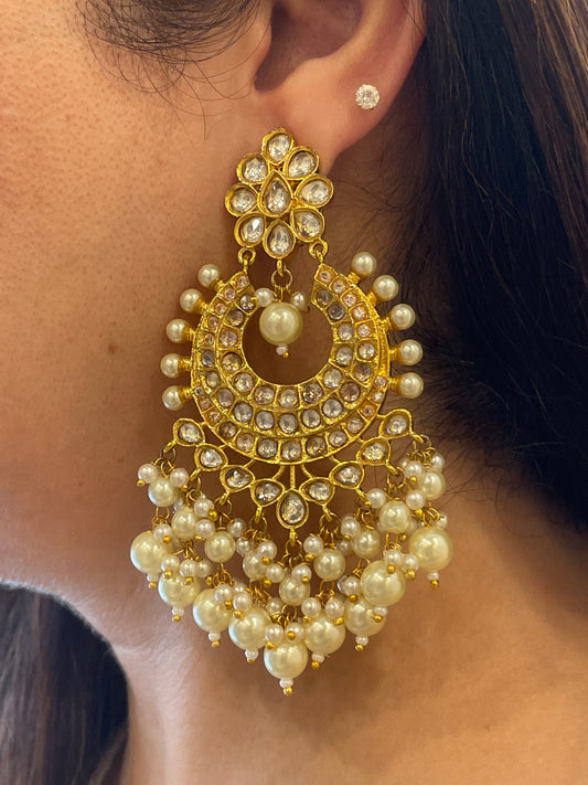 Gold Finish Kundan Chaandbaalis with Pearls