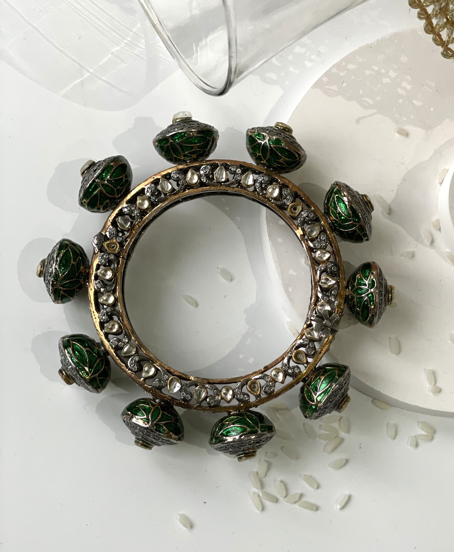 Kundan Single Kada Bangle with Green Enamel