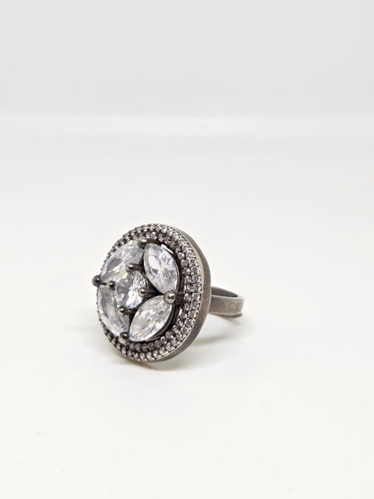 Black Rhodium Finish Flower Zircon Ring