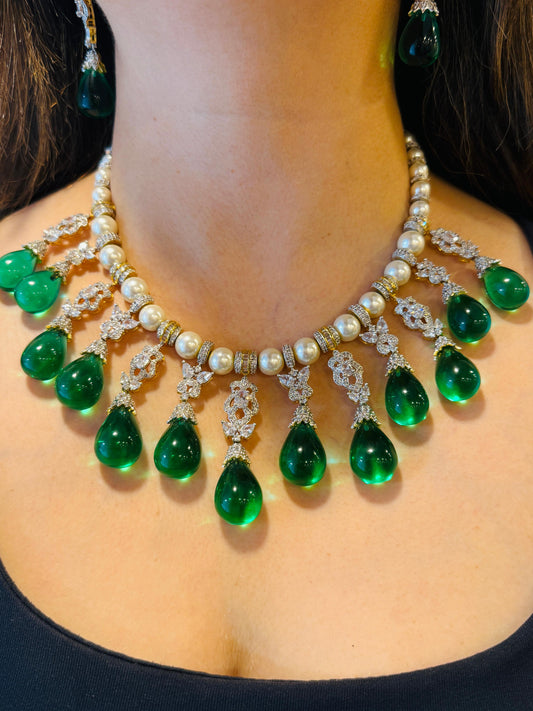 Pearl Choker Set with Zircon and Tear Drop Green Beads