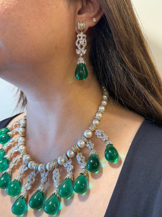 Pearl Choker Set with Zircon and Tear Drop Green Beads