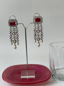White Finish Red Stone and Pearl with Zircon Earrings