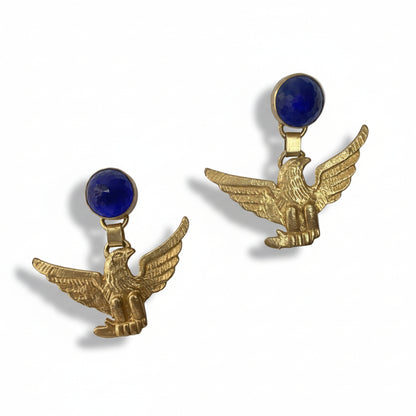 Gold Finish Eagle Earrings with Blue Stone