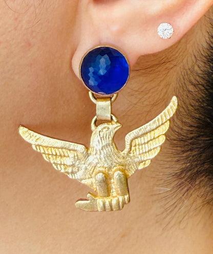 Gold Finish Eagle Earrings with Blue Stone