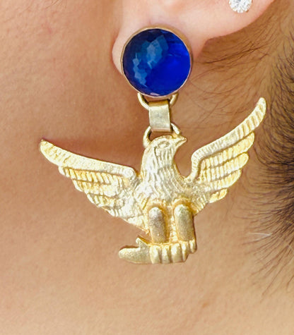 Gold Finish Eagle Earrings with Blue Stone