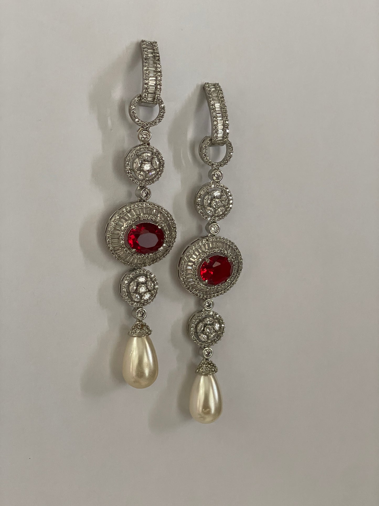 White Finish Zircon Danglers with Stone Accent and Pearl Drop