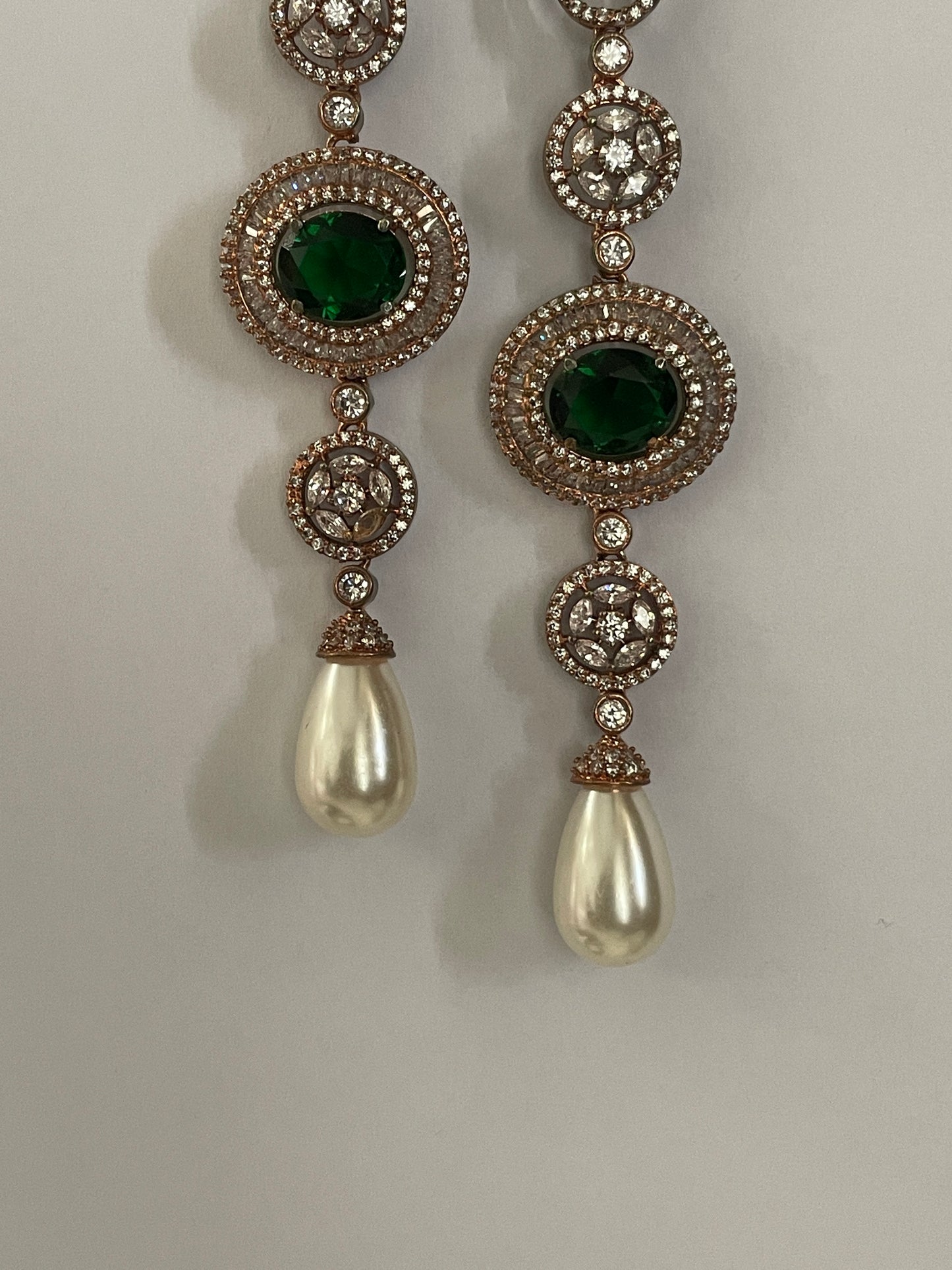 White Finish Zircon Danglers with Stone Accent and Pearl Drop