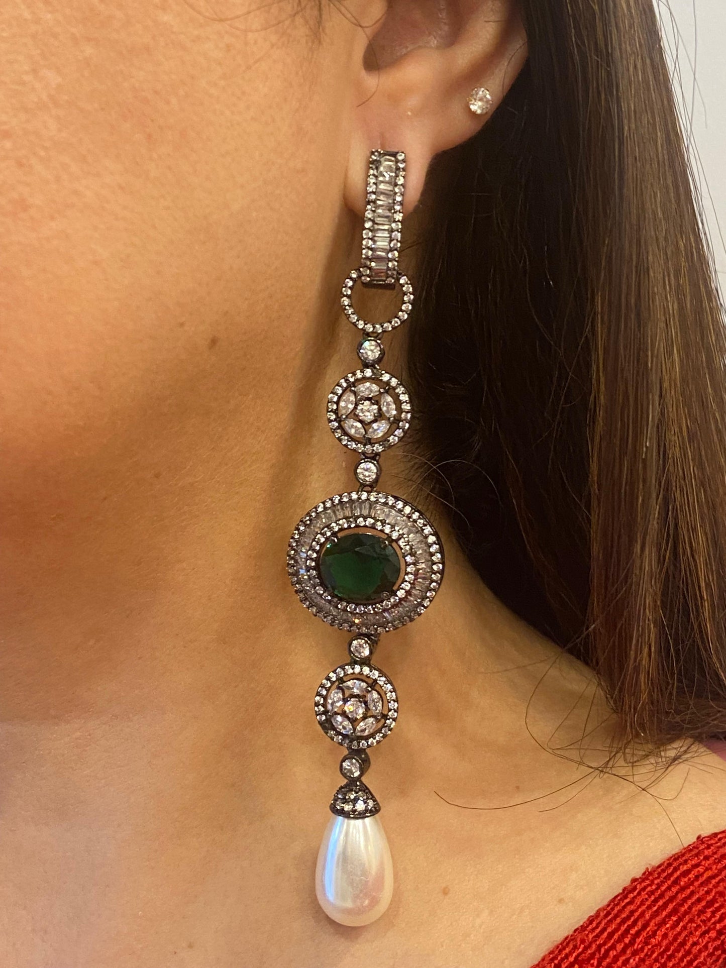 White Finish Zircon Danglers with Stone Accent and Pearl Drop