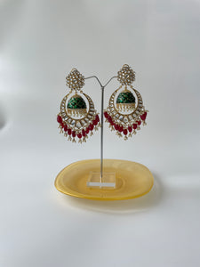 Kundan Dangling Earrings with Green Enamel and Red BeadsStudio6Jewels