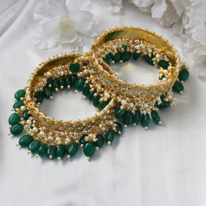 Kundan Openable Bangle Set with Green Beads and Pearls