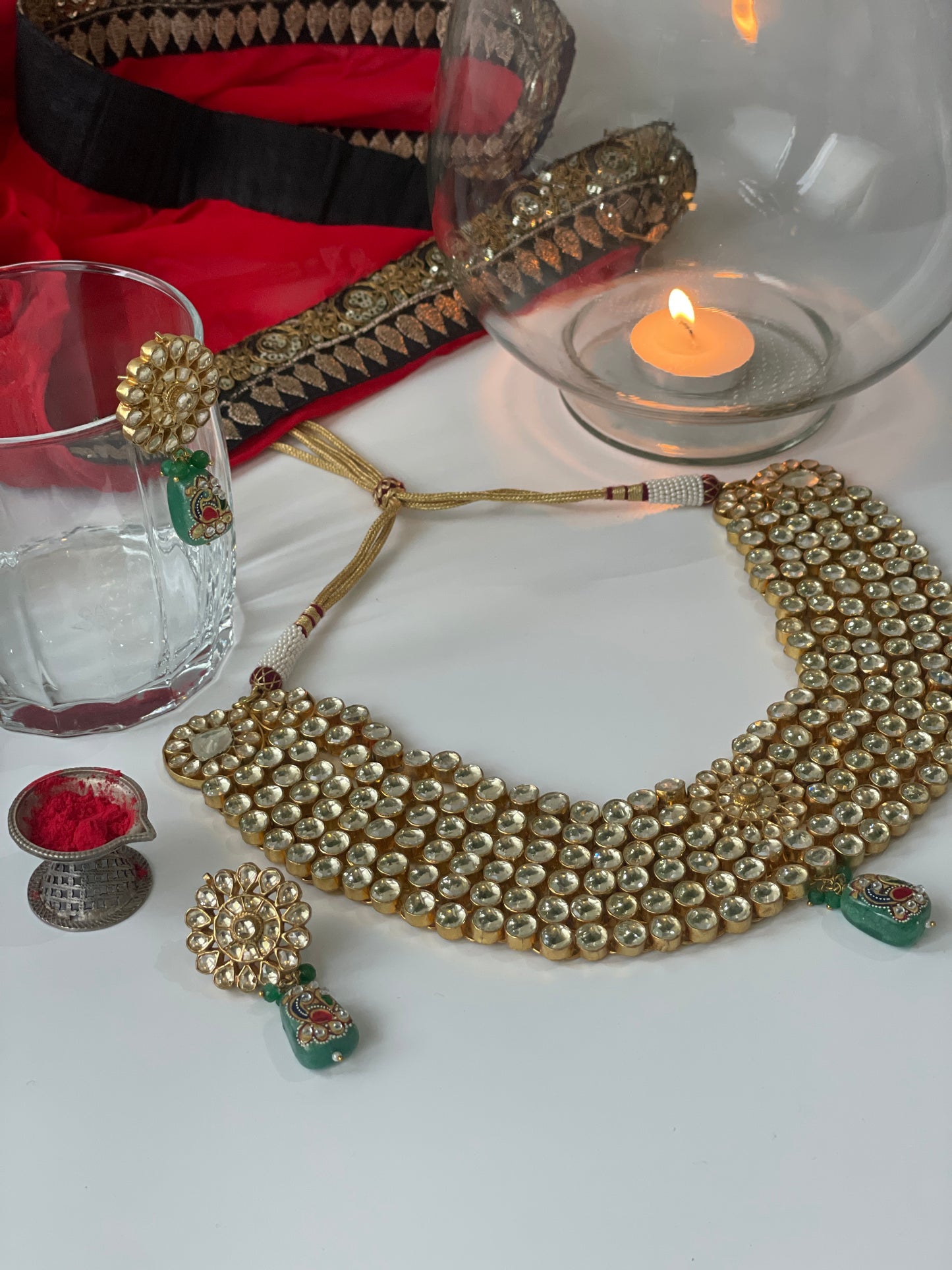 Gold Finish Kundan Necklace Set with Painted Bead