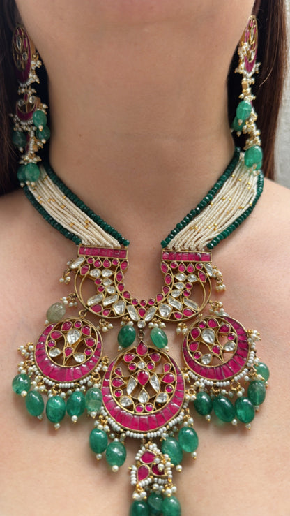 Pearl and Kundan Long Necklace Set With Premium Stones