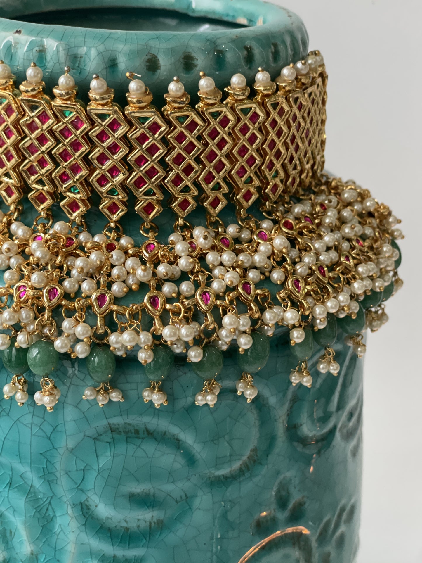 Kundan Choker Set with Red, Green and White Stone Details