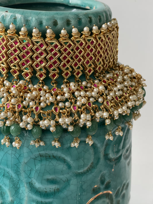 Kundan Choker Set with Red, Green and White Stone Details