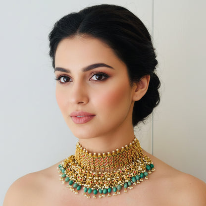 Kundan Choker Set with Red, Green and White Stone Details