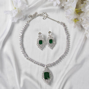 Green Emerald Cut Center and Zircon Studded Necklace Set