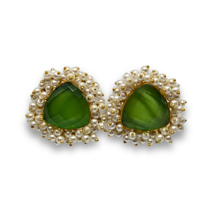 Green Stone & Pearl Cluster Stud Earrings