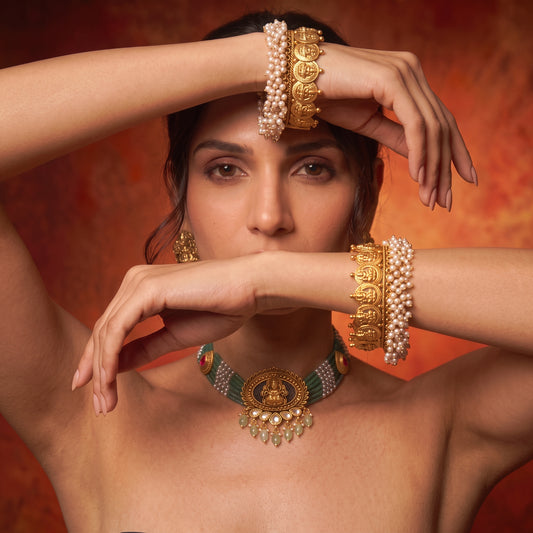 Pearl & Lakshmi Motif Gold Tone Bangle
