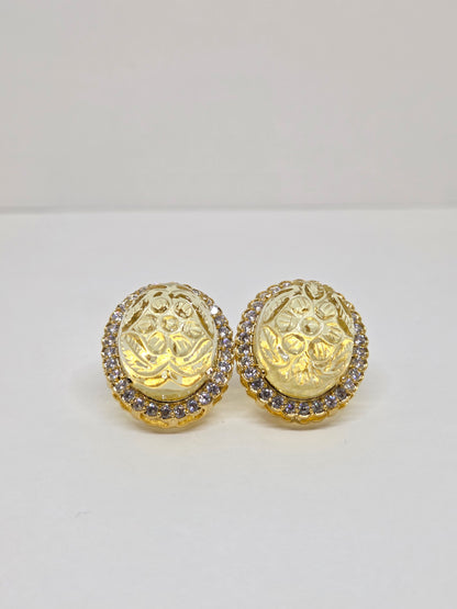 Carved Yellow Stone Zircon Accented Studs