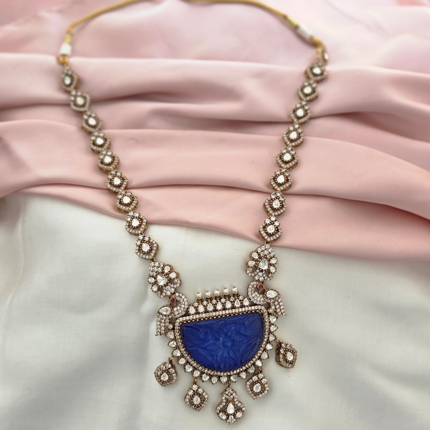 Royal Blue Carved Stone Polki Necklace Set