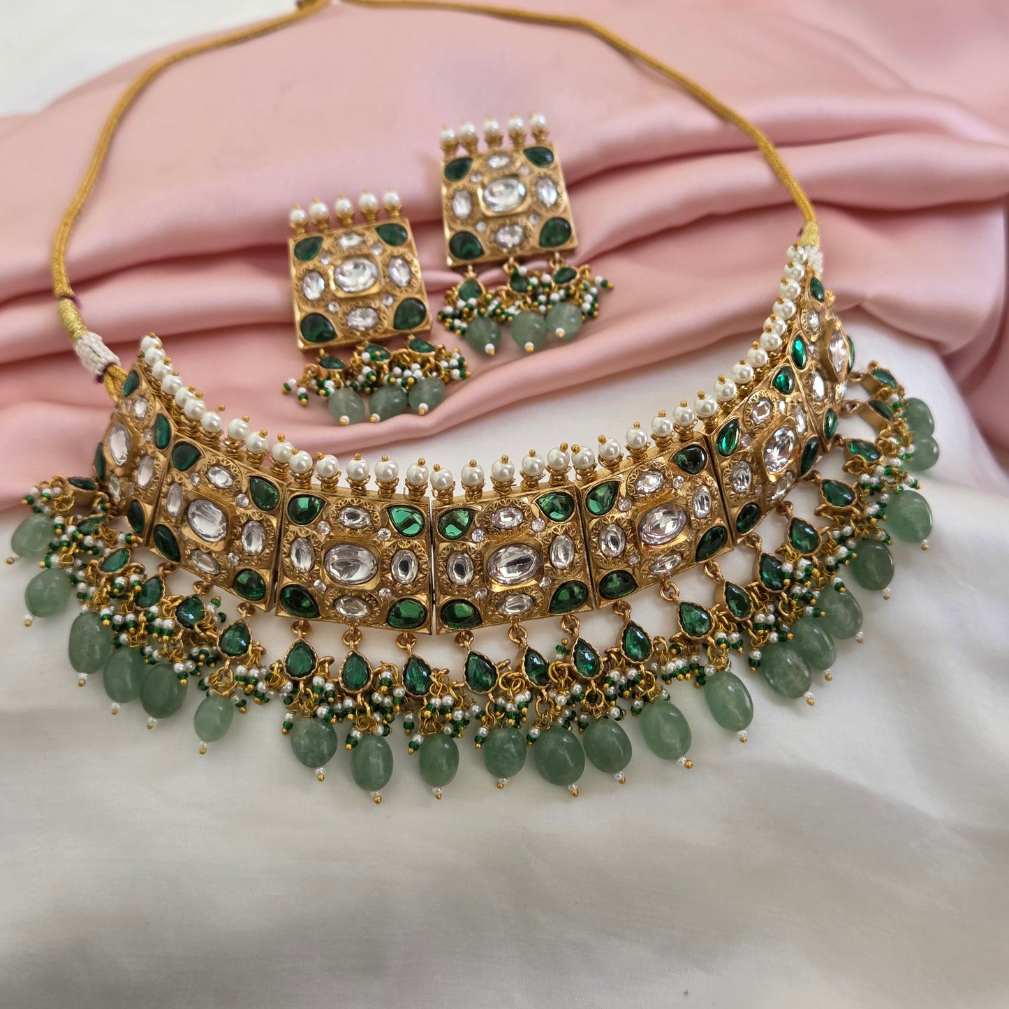 Emerald Green Kundan Polki Bridal Choker Set with Pearl & Jade Drops
