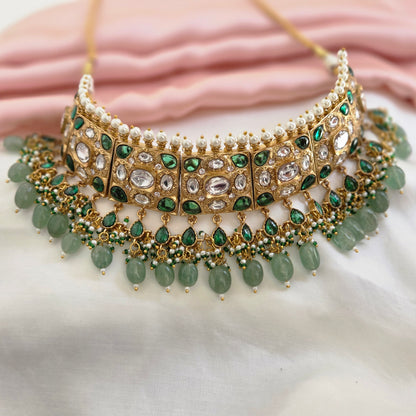 Emerald Green Kundan Polki Bridal Choker Set with Pearl & Jade Drops