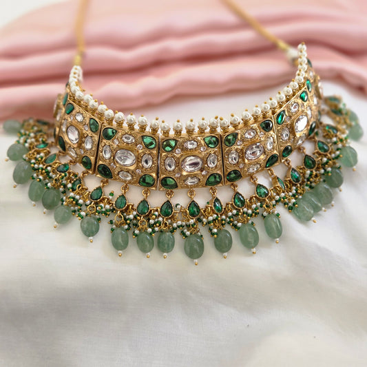 Emerald Green Kundan Polki Bridal Choker Set with Pearl & Jade Drops
