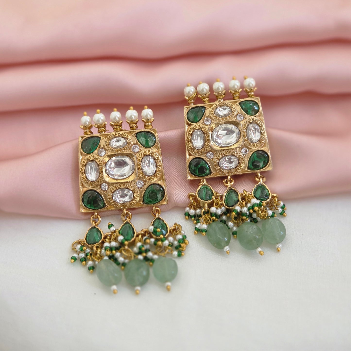 Emerald Green Kundan Polki Bridal Choker Set with Pearl & Jade Drops